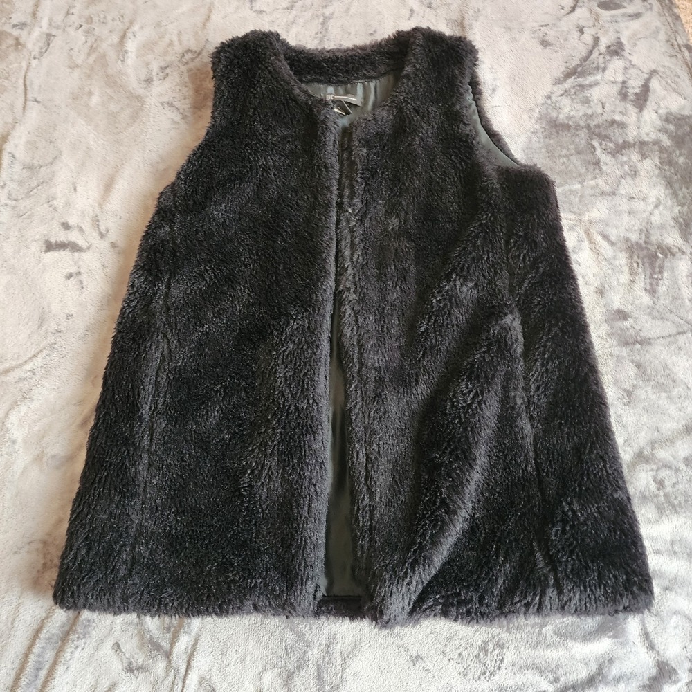 INC International Concepts Black Faux Fur Vest Open Front Sleeveless Jacket L